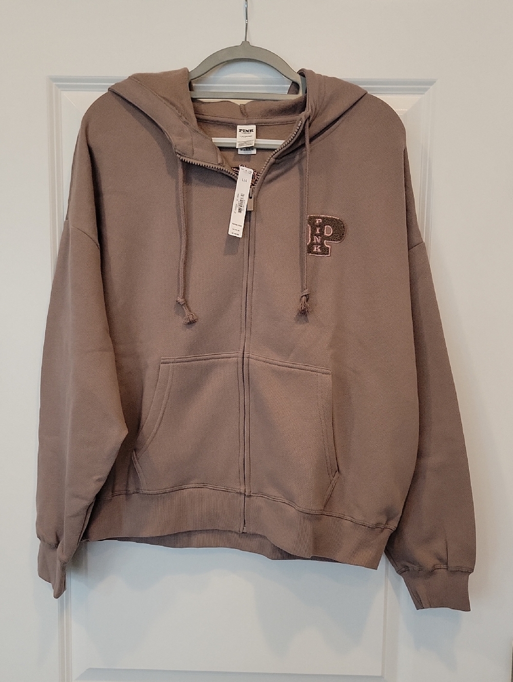 PINK Victoria's Secret Ivy Fleece Campus Full Zip Hoodie Taupe Brown Large NWT - Picture 5 of 11